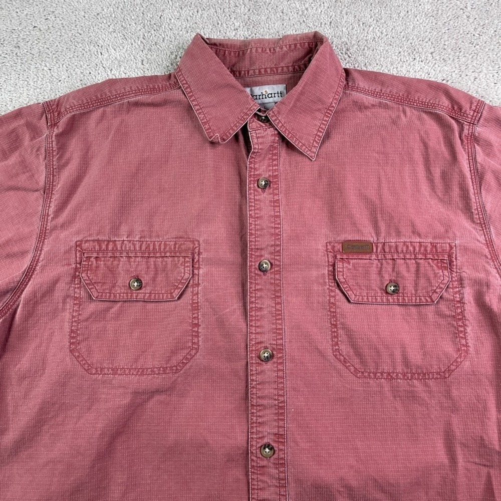 Carhartt Shirt Mens Large‎ Pink Cotton Ripstop Short Sleeve Button Up Workwear